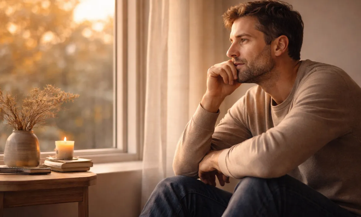 Hombre adulto sentado junto a una ventana al atardecer con expresión pensativa y luz cálida entrando al espacio
