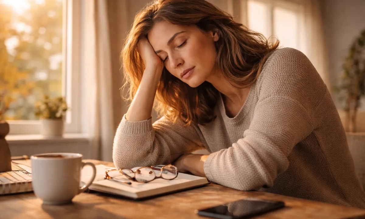 Mujer adulta apoyado en una mesa con expresión de cansancio suave mientras la luz de la tarde entra por una ventana