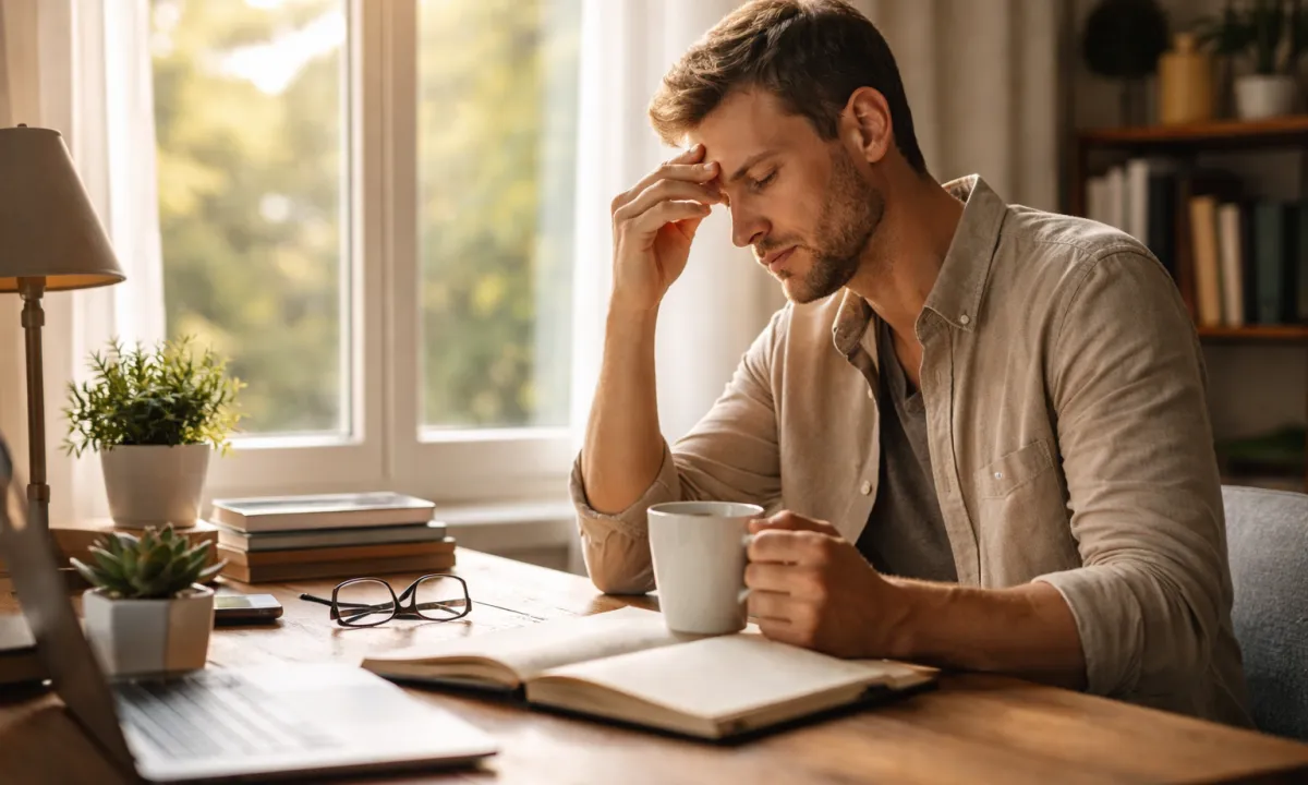 Hombre adulto sentado frente a un escritorio con una taza de café y un cuaderno abierto mientras la luz natural de la mañana entra por la ventana