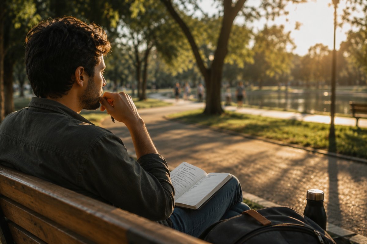 Un hombre reflexionando sobre sus metas financieras en un parque