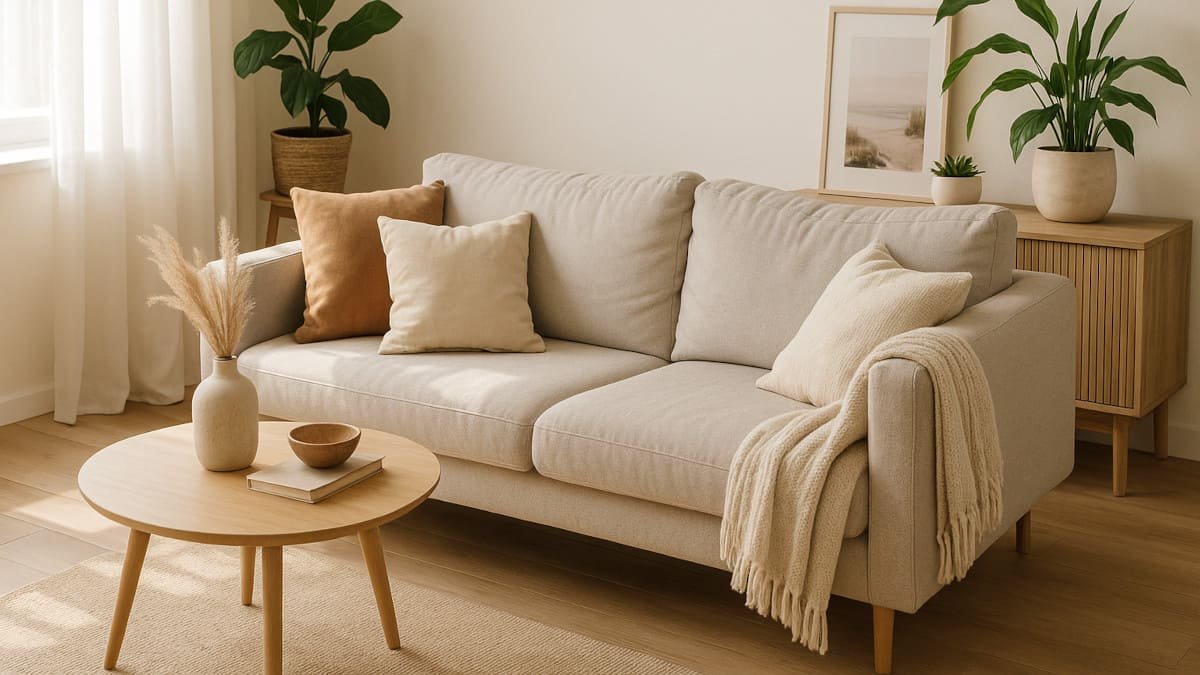 Sala minimalista y acogedora con objetos significativos, luz natural suave y decoración en tonos neutros
