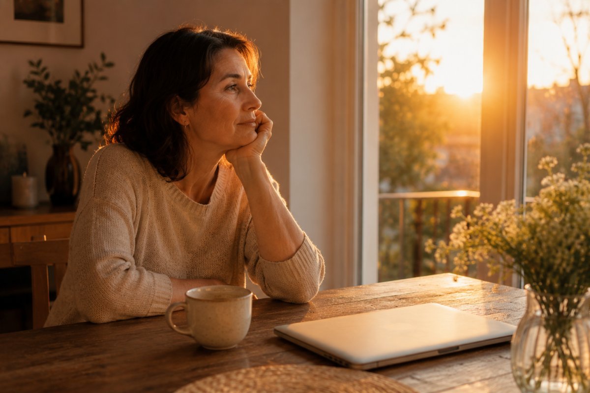 mujer madura en mesa de comedor con laptop cerrada una taza de café a medio terminar y luz cálida entrando por la ventana al atardecer
