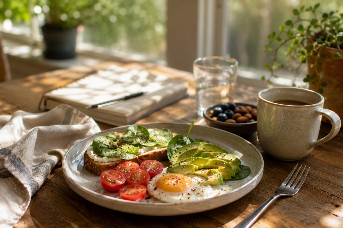 Un desayuno salado nutritivo en una mesa iluminada por la mañana