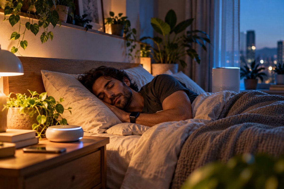 Hombre durmiendo con tecnologías de sueño