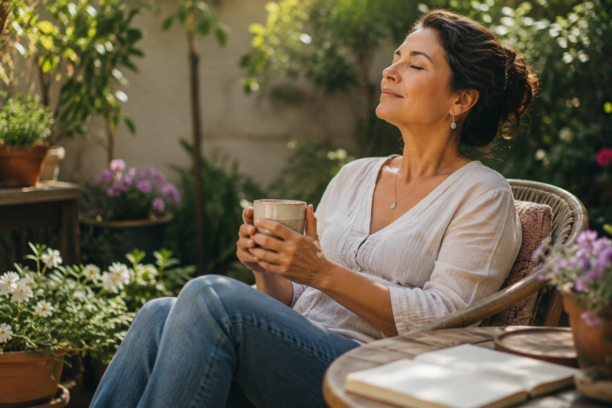 Una mujer madura disfrutando de un momento de calma en su jardín