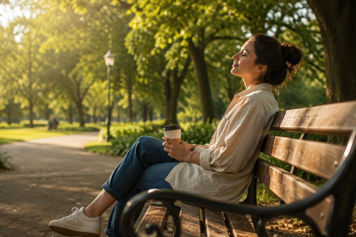 Una mujer en un parque disfrutando de la tranquilidad