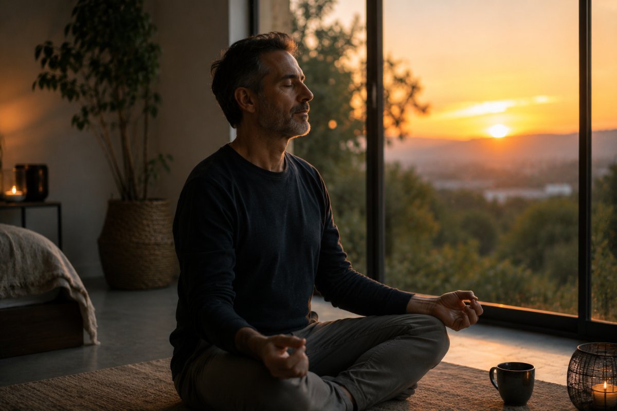 Un hombre maduro  meditando al atardecer junto a la ventana