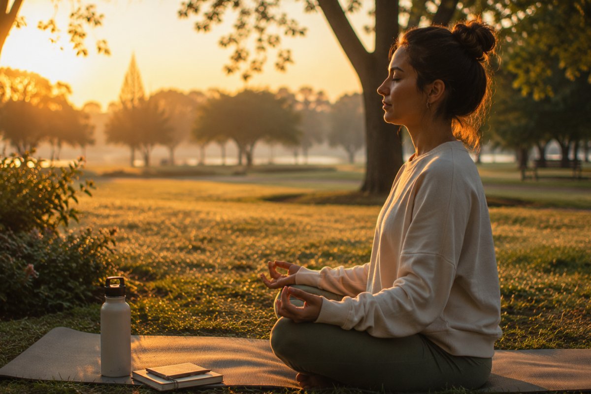Una mujer meditando al amanecer en un parque tranquilo