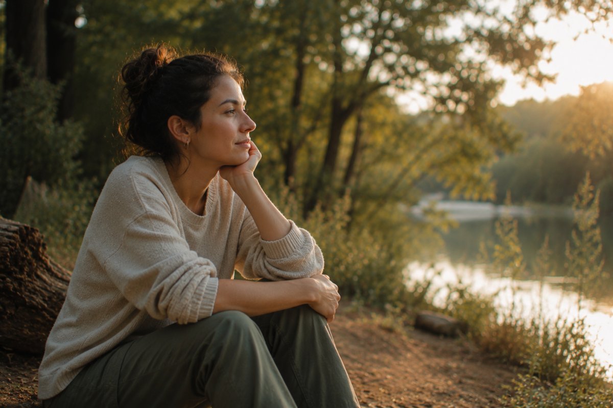 mujer joven reflexionando en un entorno natural, rodeado de paz