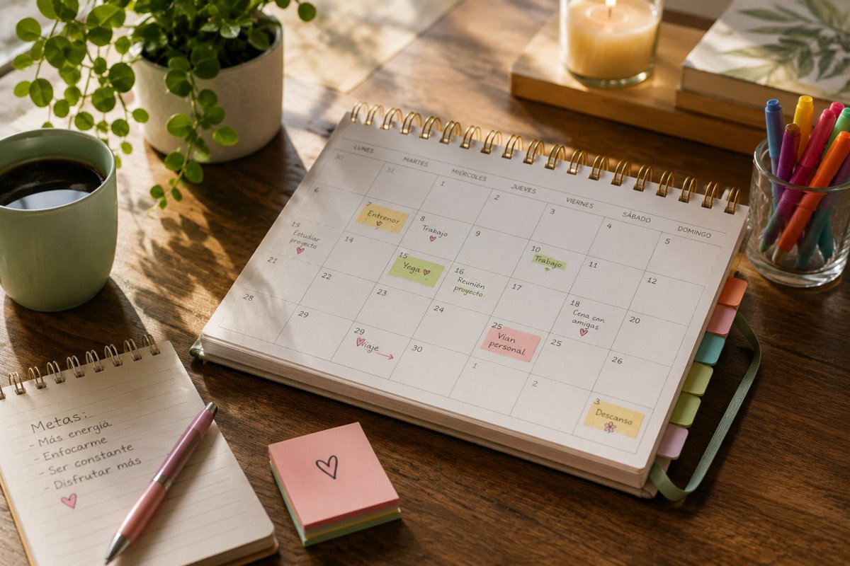 Un calendario colorido sobre una mesa de madera