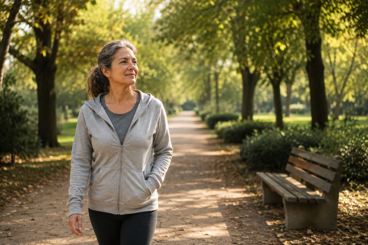 Una mujer madura caminando tranquilamente en un parque