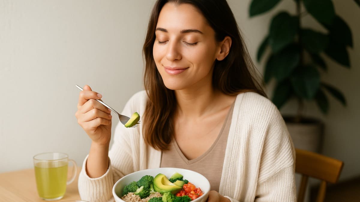 mujer disfrutando alimentos saludables que mejoran la piel