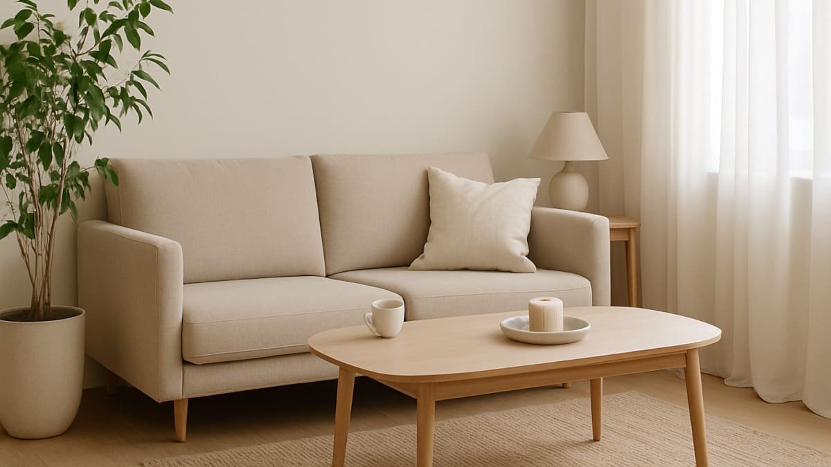 sala minimalista en tonos neutros que transmite calma emocional