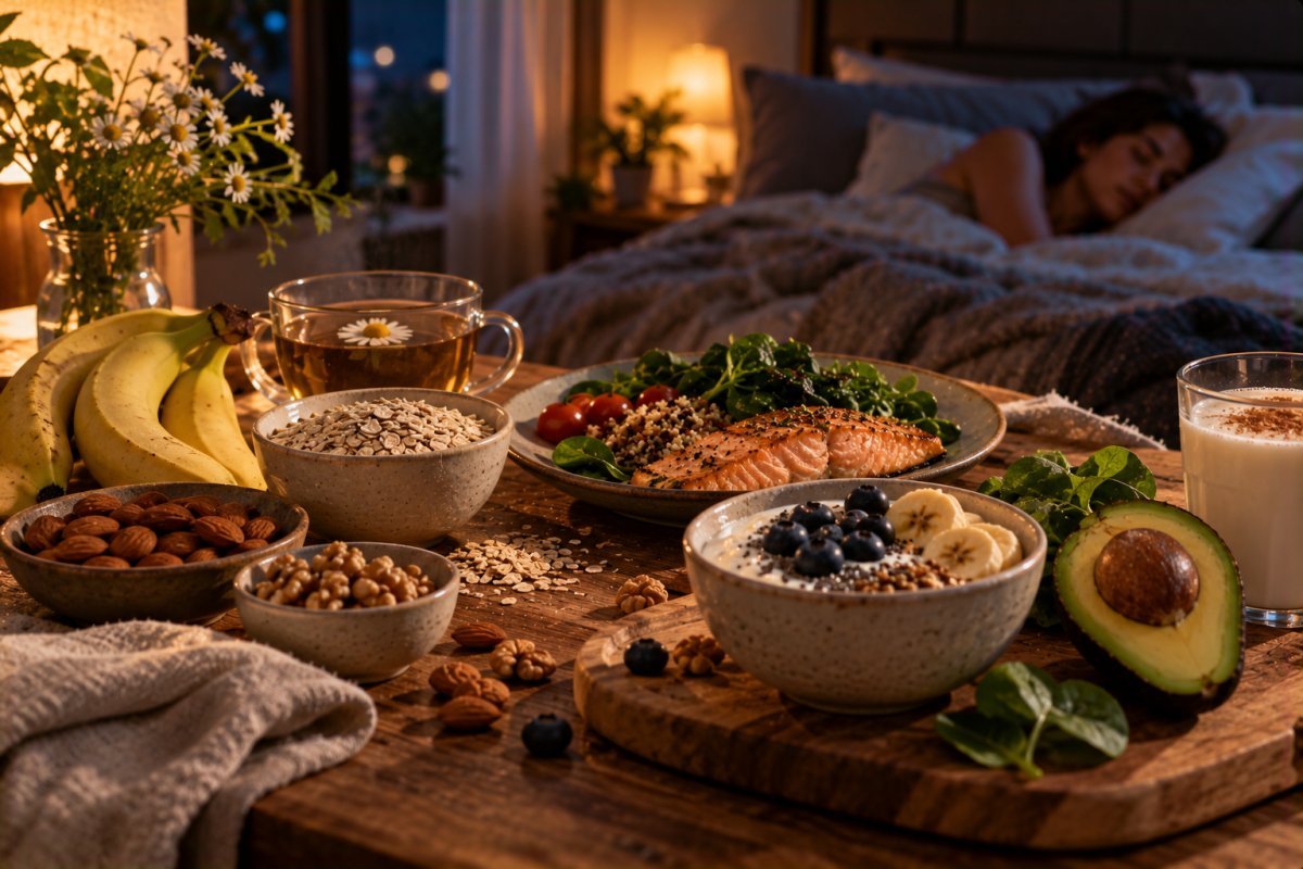 Mesa con alimentos que mejoran el descanso nocturno