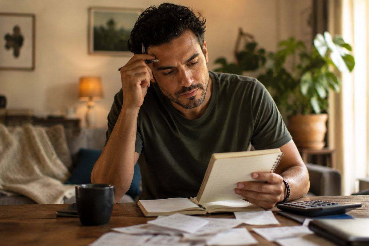 Un hombre reflexiona sobre sus finanzas mientras observa su libreta