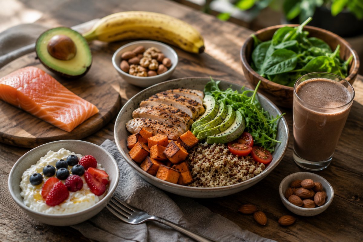 Una mesa con alimentos saludables ideales para la recuperación