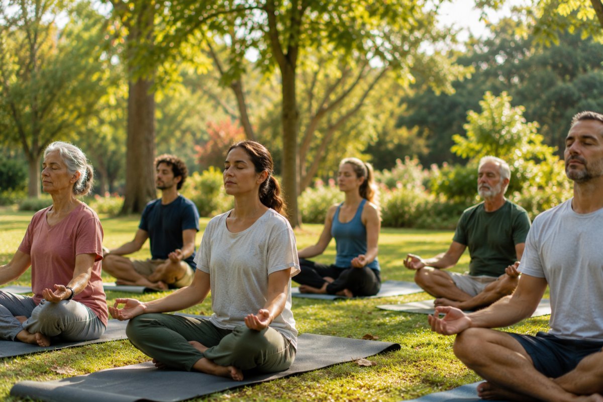 Un grupo de personas de diferentes edades compartiendo un momento de meditación al aire libre