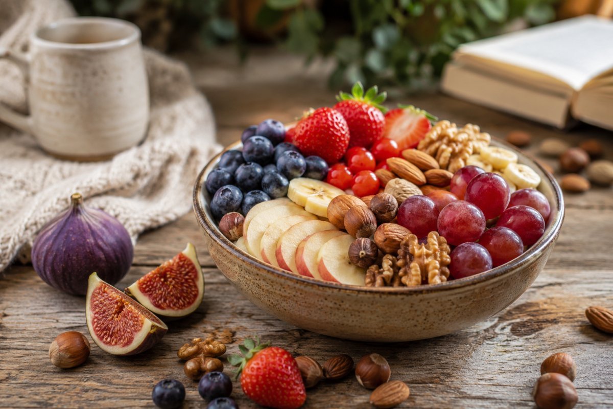Un tazón de frutas y nueces sobre una mesa de madera