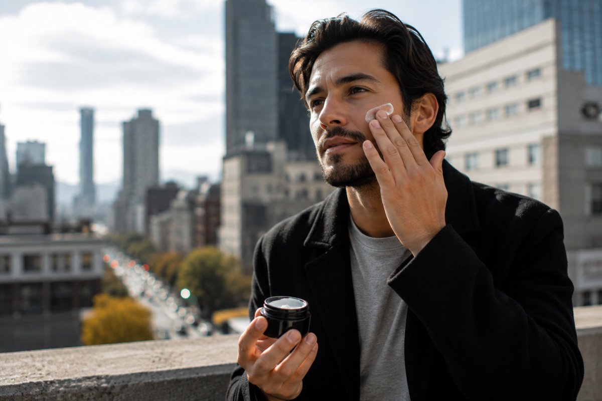 Un hombre aplicando una crema facial en un entorno urbano