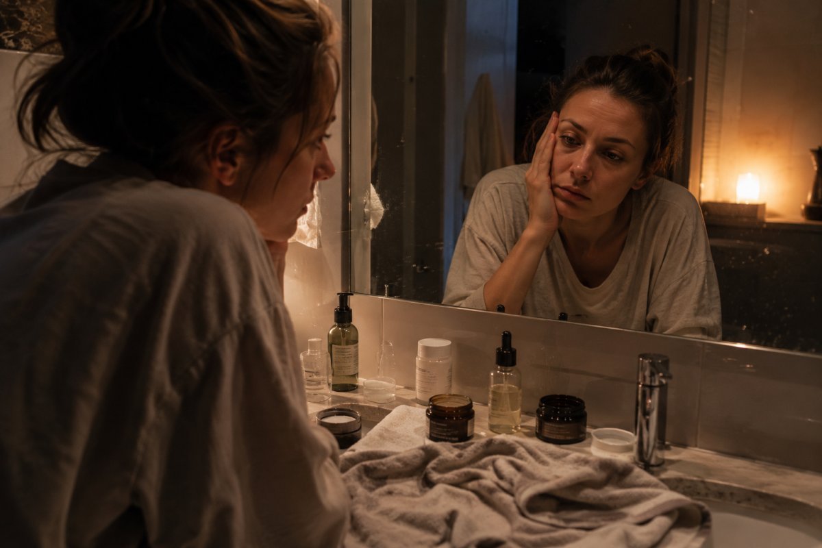 espejo de baño con frascos abiertos y una toalla arrugada junto a luz tenue de madrugada después de una rutina nocturna agotadora