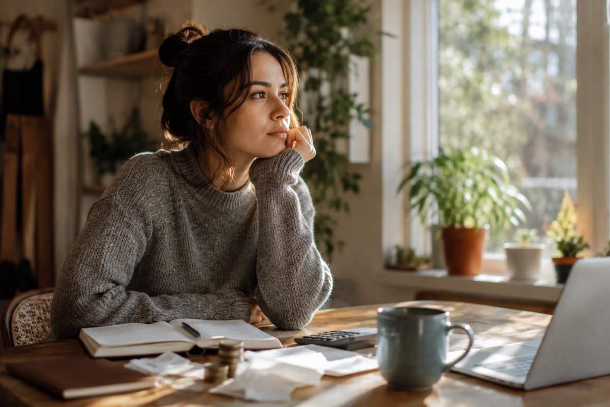 Una mujer joven reflexiona sobre su bienestar financiero en casa