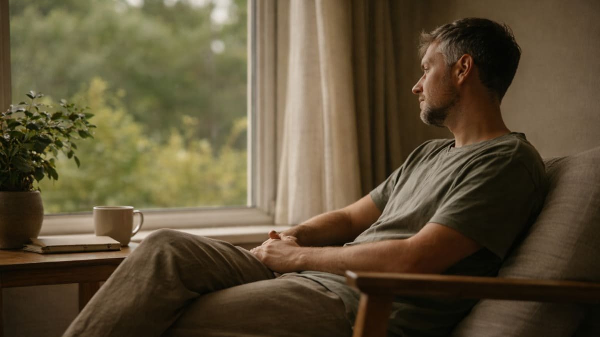 persona sentada en silencio junto a una ventana con luz suave y sin dispositivos