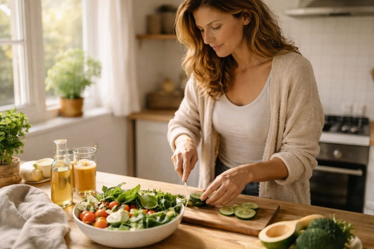 mujer en cocina luminosa preparando alimentos frescos con expresión concentrada y natural