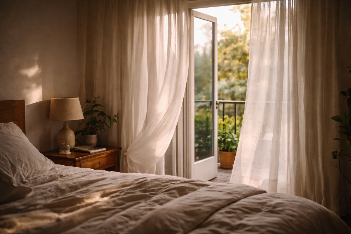 Ventana abierta con cortinas moviéndose suavemente mientras entra luz de mañana en una habitación tranquila sin relojes visibles