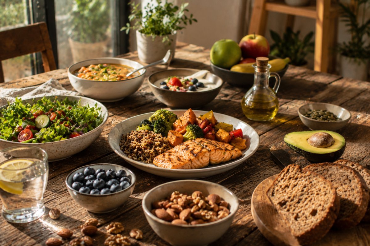 Una mesa con alimentos variados y nutritivos
