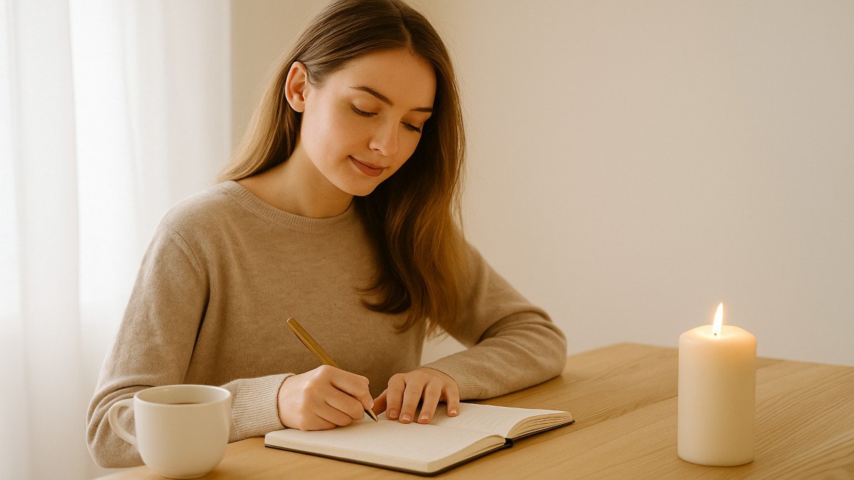 Mujer escribiendo en su cuaderno con calma junto a una taza de té, luz natural cálida y ambiente tranquilo