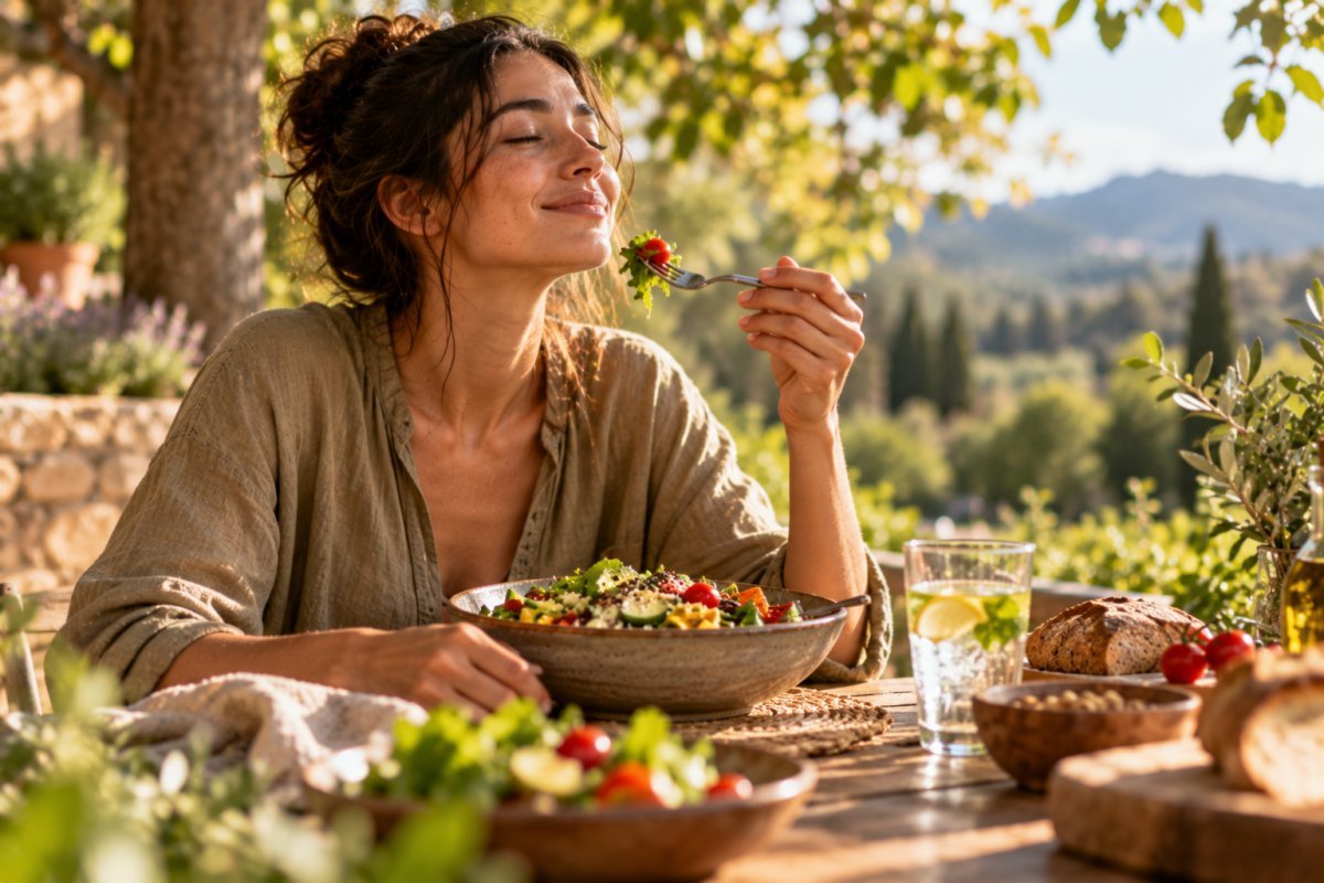 Persona disfrutando de mindful eating al aire libre
