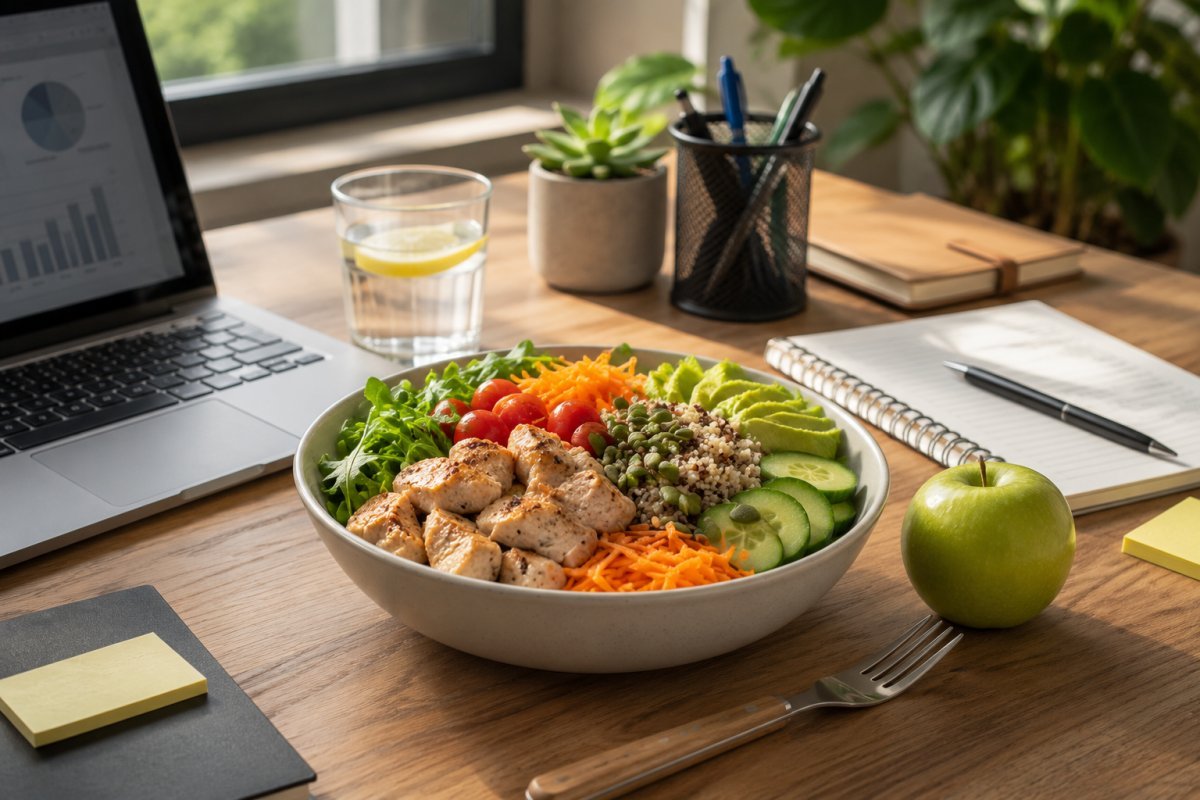 Mesa de oficina con un almuerzo colorido y saludable