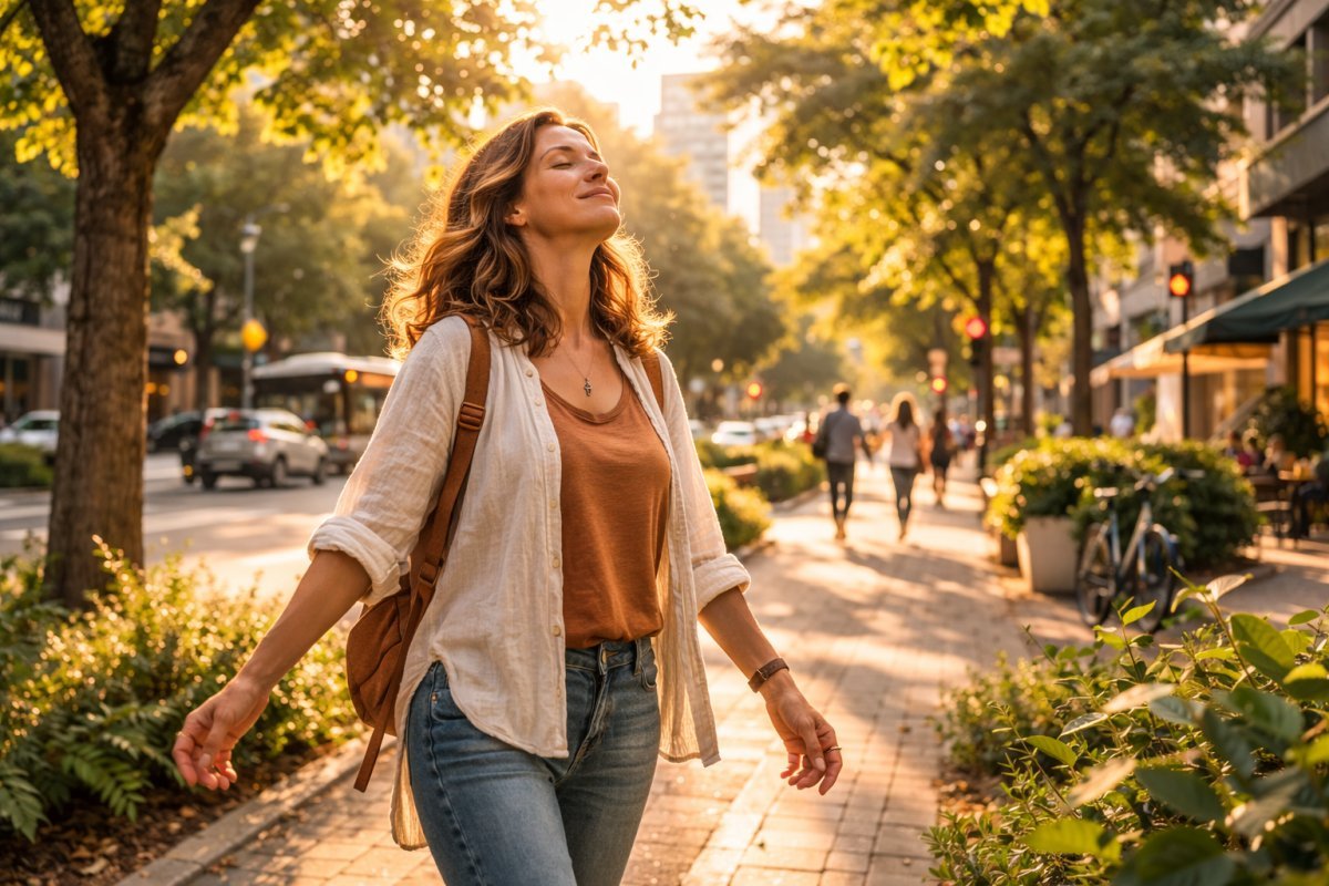 Mujer adulta caminando por una calle arbolada de la ciudad respirando profundamente al aire libre