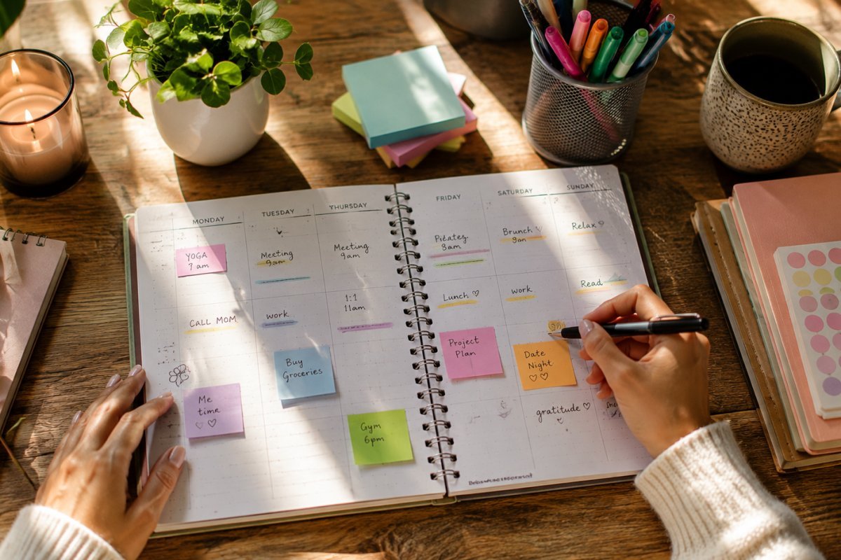 Calendario colorido con técnicas de planificación semanal