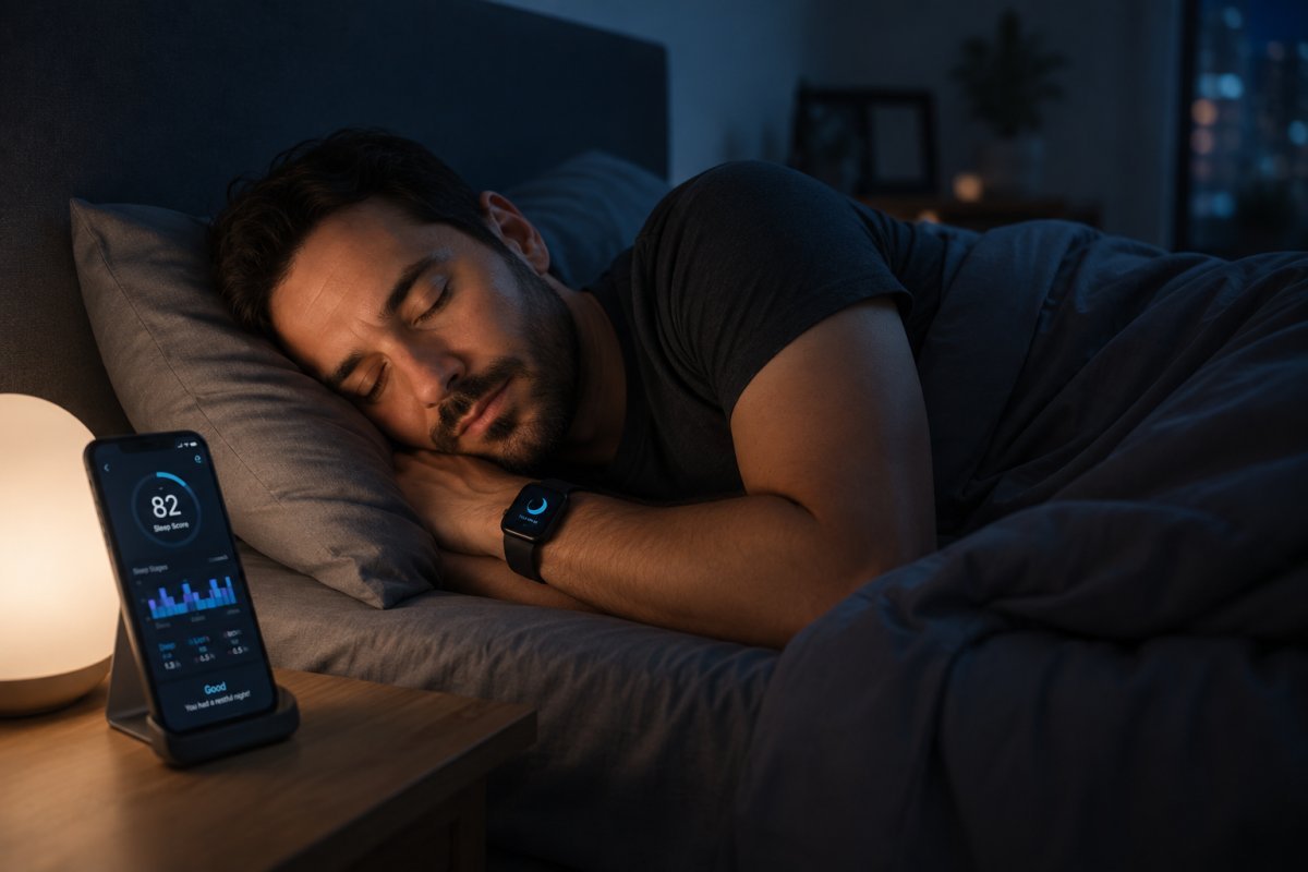 Hombre durmiendo con tecnología wearable para sueño profundo