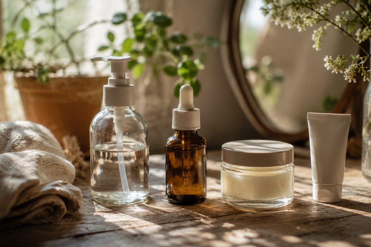 Frascos de productos de belleza mostrando simplicidad