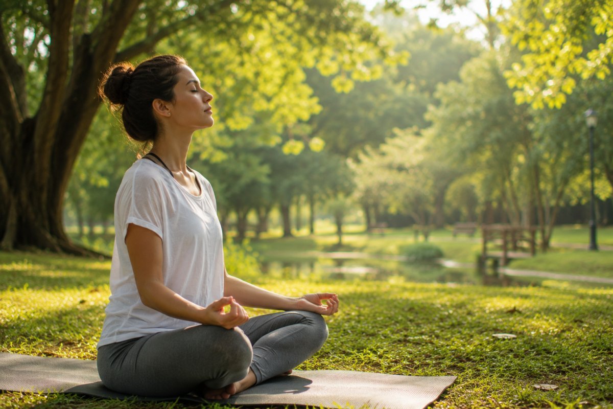 Una persona meditando en un parque, mostrando serenidad