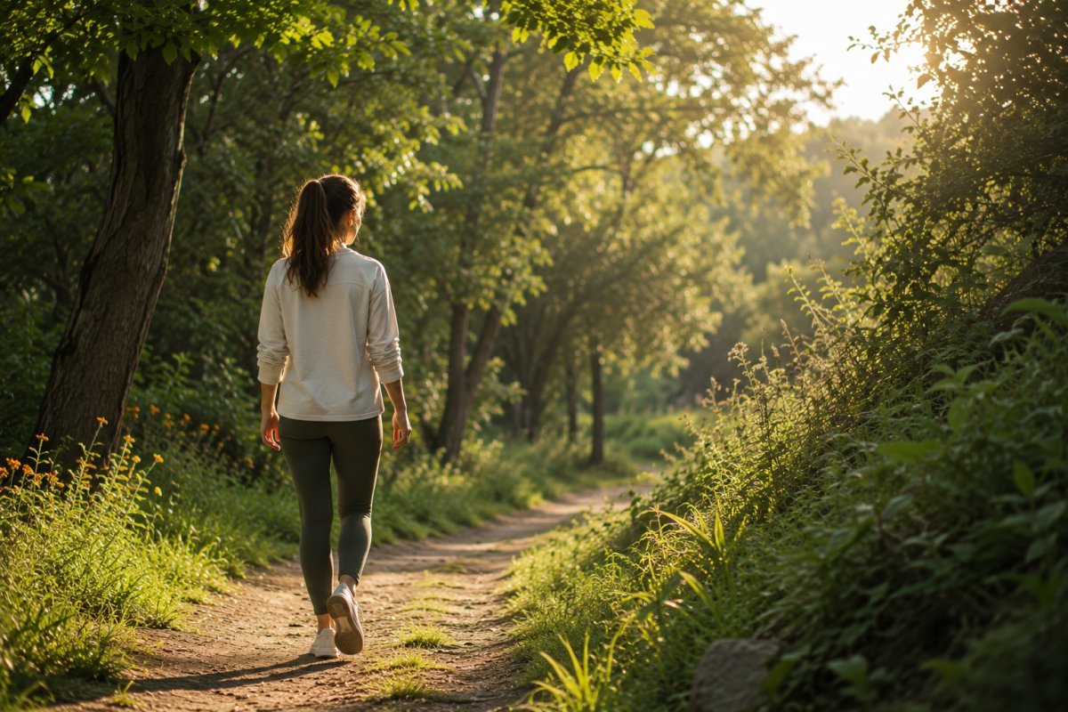 Una mujer joven caminando por un sendero rodeado de naturaleza