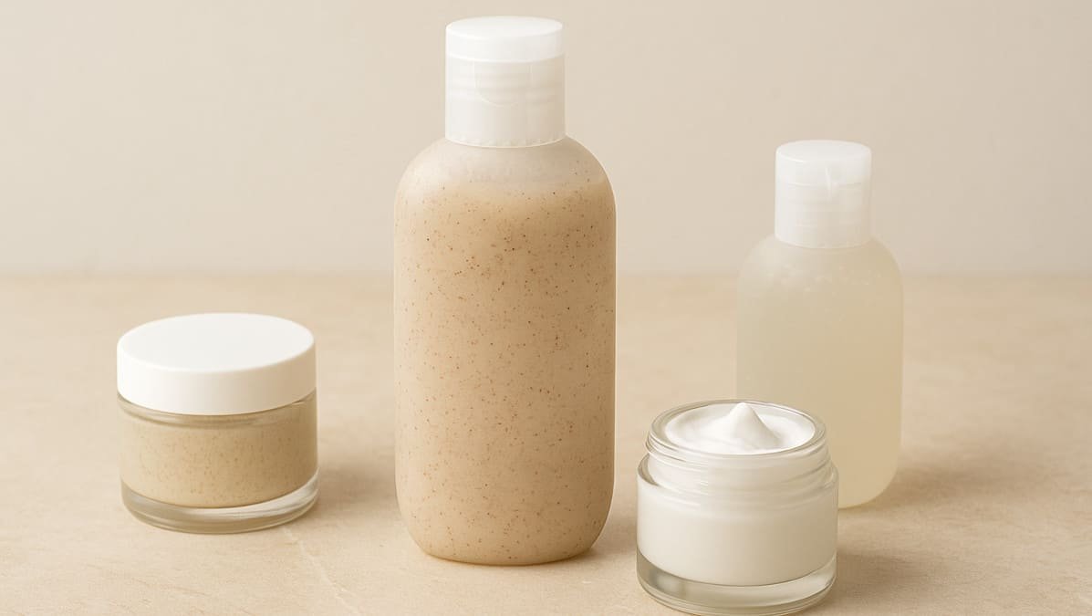 productos de exfoliación suave sobre fondo minimalista, representando cuidado seguro de la piel