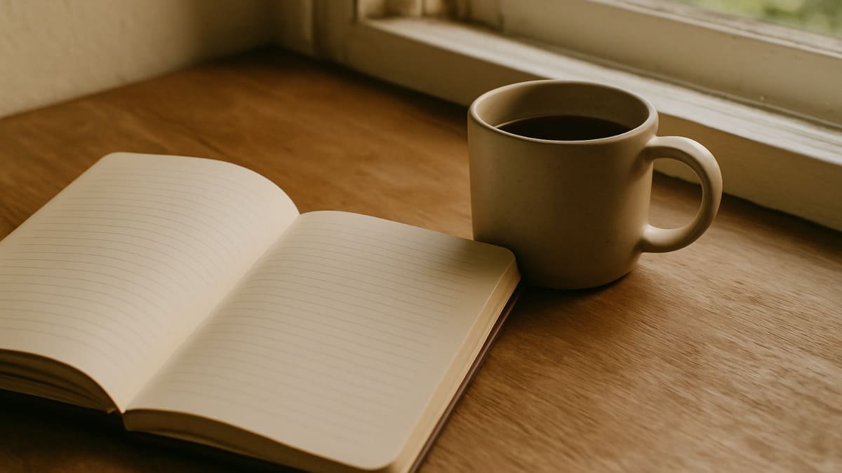 cuaderno abierto junto a una taza de café y luz natural entrando por una ventana