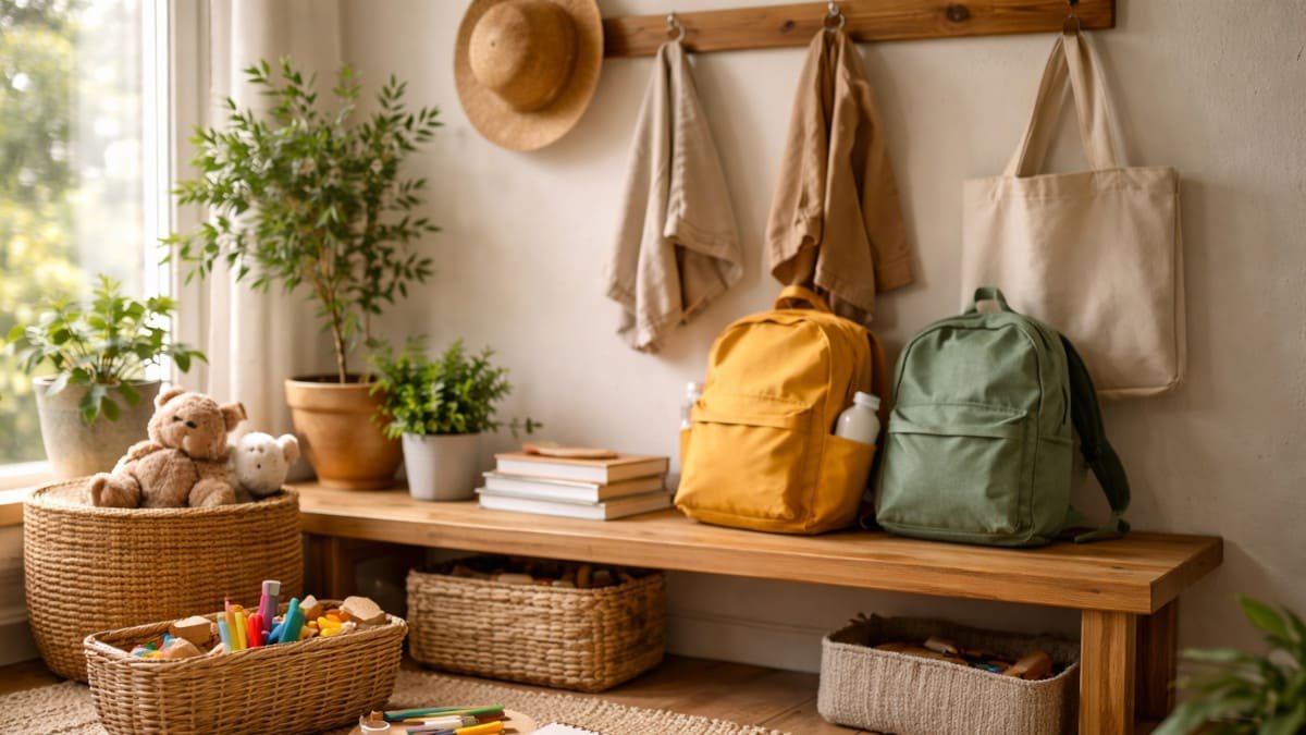 hogar familiar ordenado con mochilas libros y objetos infantiles transmitiendo calma