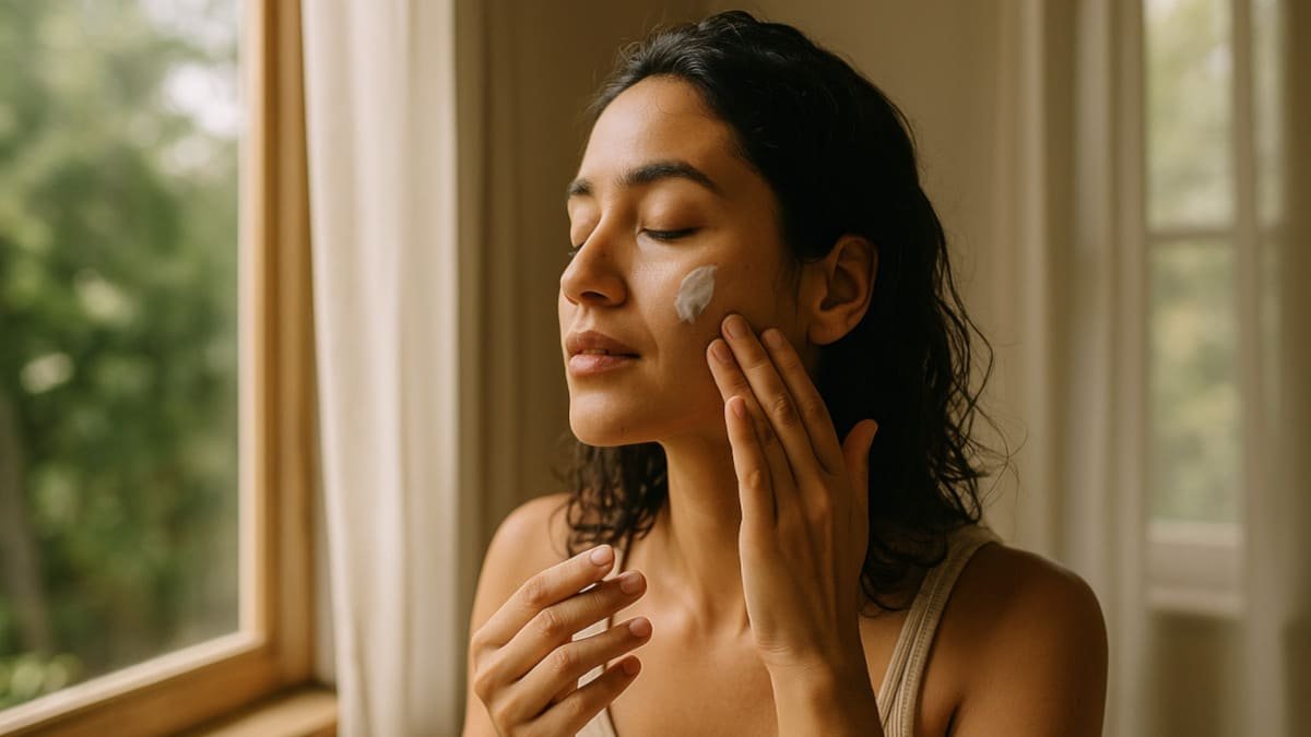 persona cuidando su piel frente a una ventana con luz natural