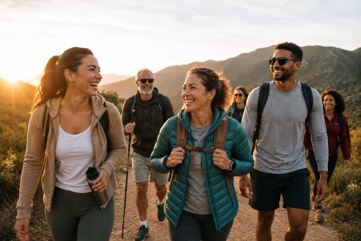 Grupo de personas diversas disfrutando de una caminata al aire libre