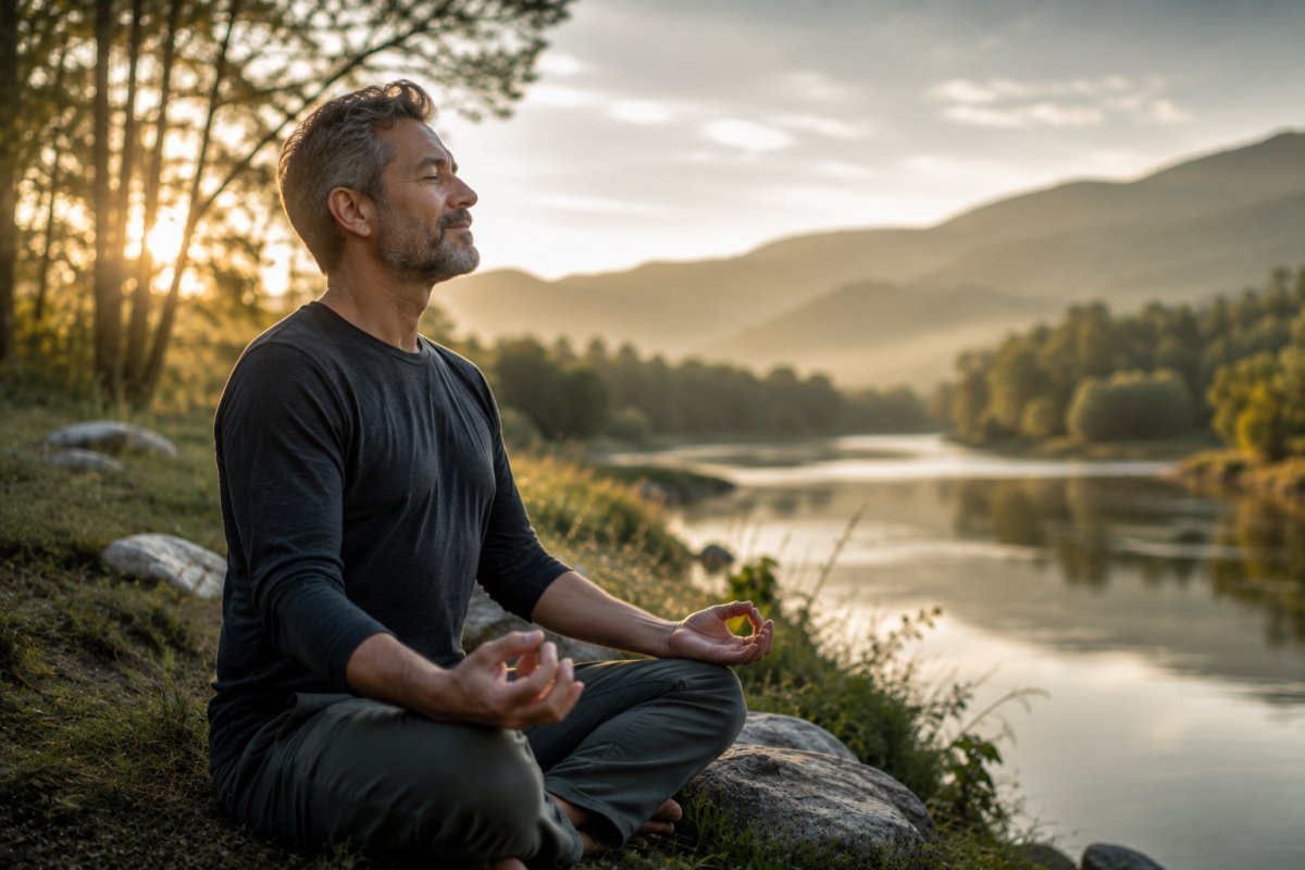 Un hombre maduro meditando en un entorno natural, sereno y en paz