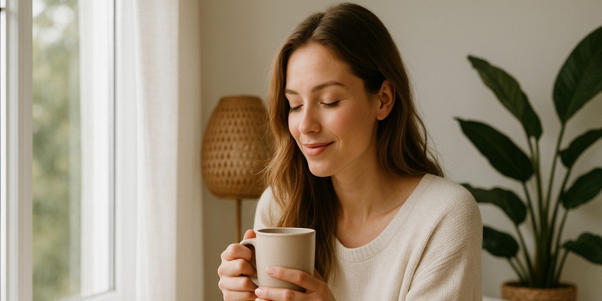 Mujer relajada disfrutando una mañana tranquila con una taza de café junto a una ventana, ambiente luminoso y natural, estilo minimalista