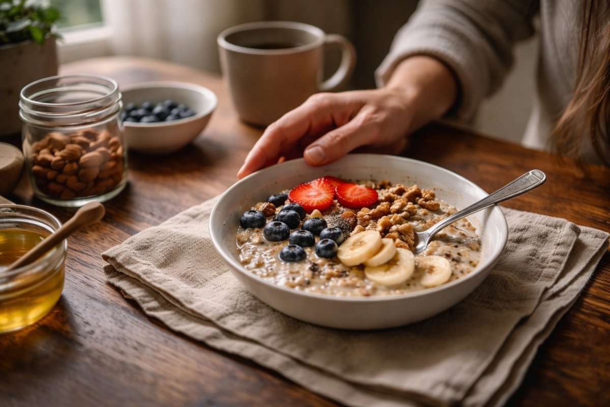 Plato con avena, fruta y frutos secos sobre mesa iluminada por luz natural mientras una mano se acerca con calma
