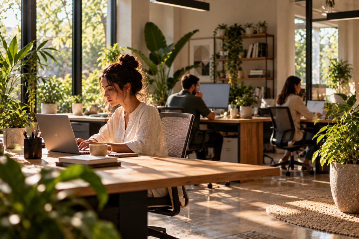 Personas trabajando en una oficina con aire limpio