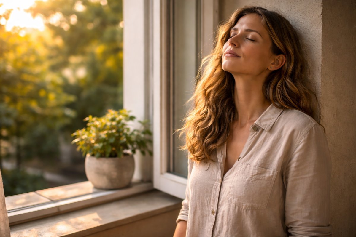 Mujer apoyada en la pared junto a una ventana abierta dejando entrar luz de la tarde mientras respira con los ojos cerrados
