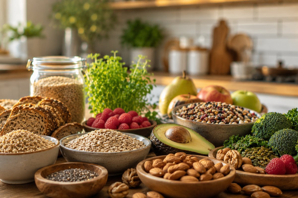 Varios alimentos ricos en fibra en una mesa de cocina moderna