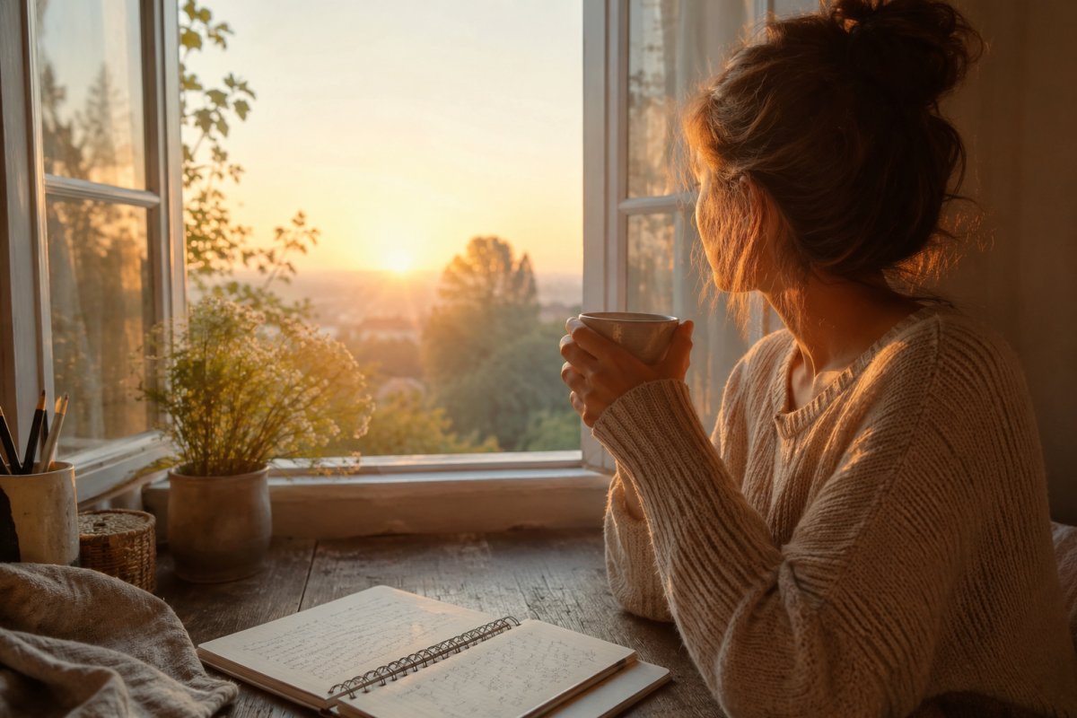 ventana abierta al amanecer junto a una taza de café y una libreta con pendientes escritos a mano